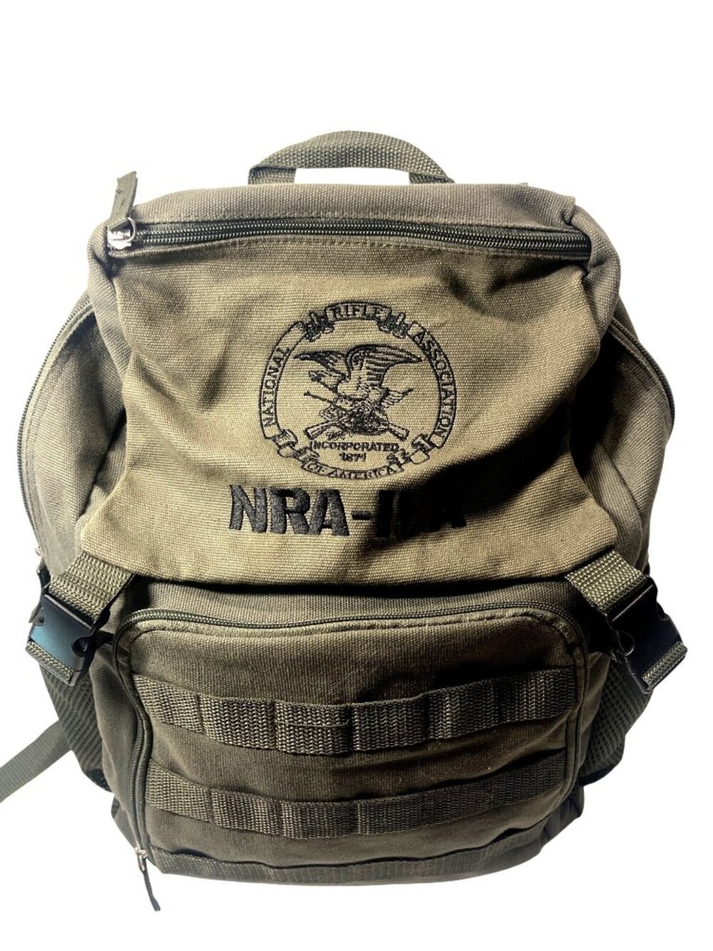 New NRA-ILA Green Canvas Backpack with Multiple Compartments Adjustable Straps a